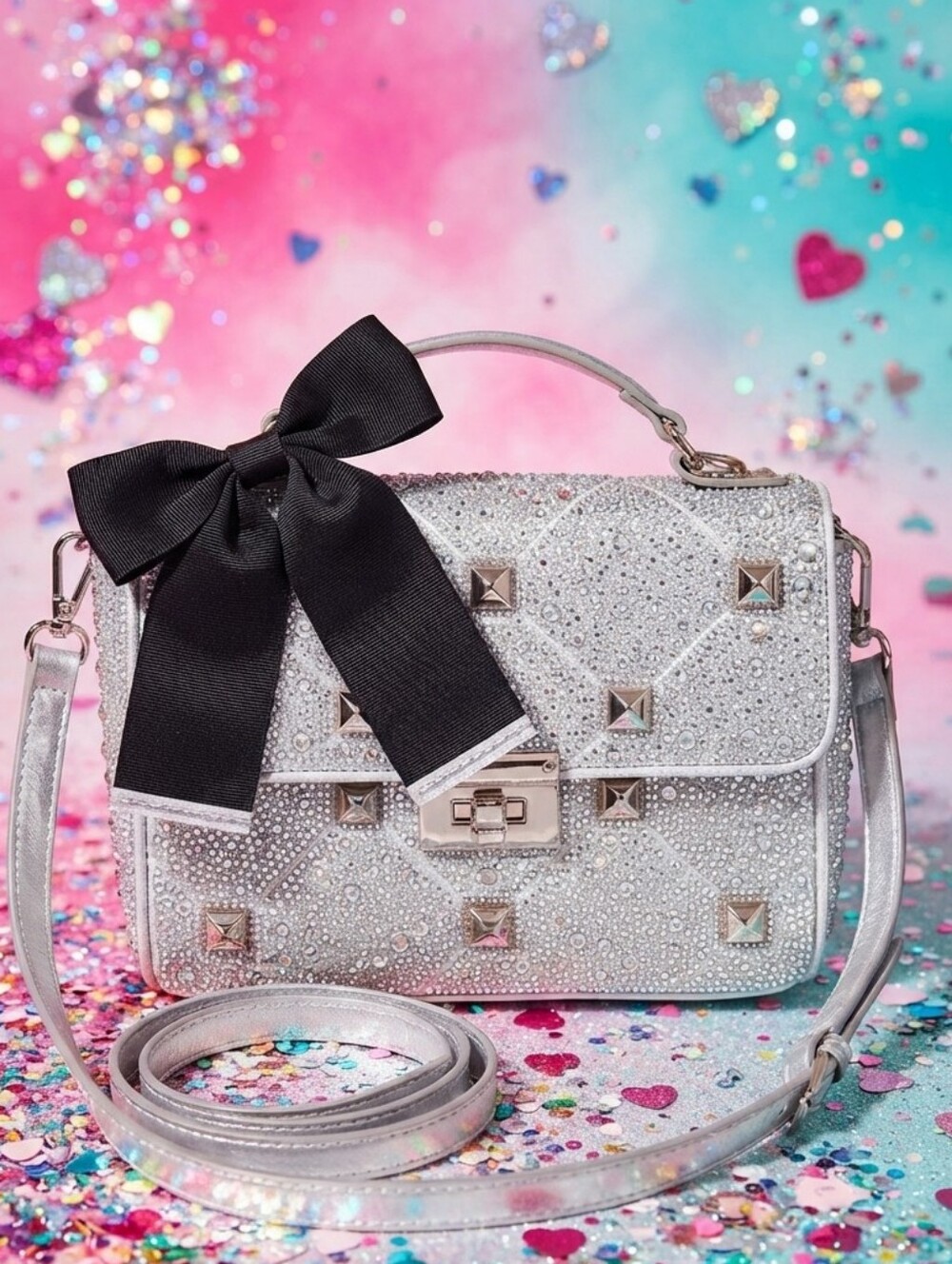 LIKE-NEW Betsey Johnson Silver Crystal Studded Purse w/Bow, Sparkle, Rhinestones - Picture 12 of 13